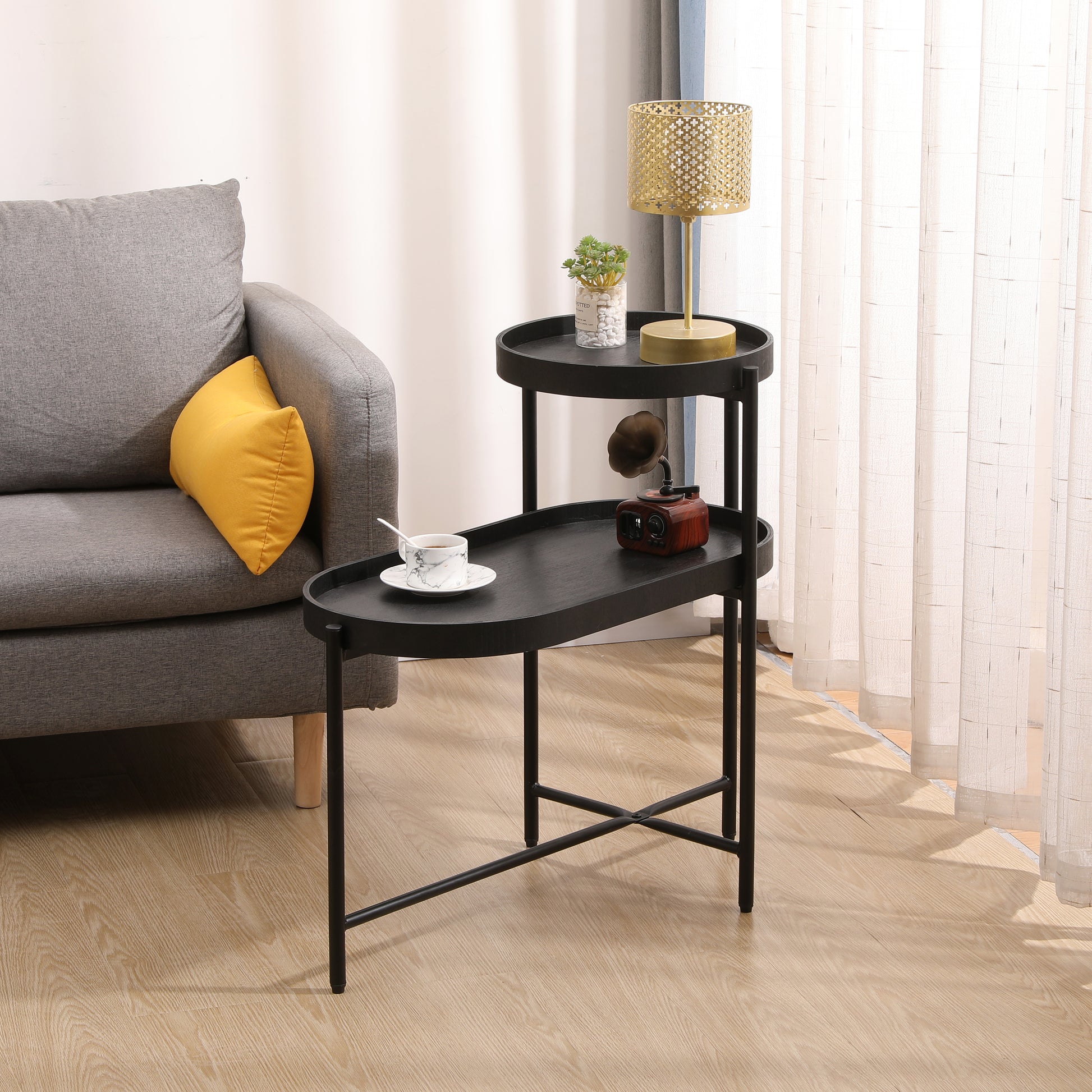 2-Tier Black Side Table with Storage Sofa Table for Living Room Metal Frame & Wooden Desk End Table