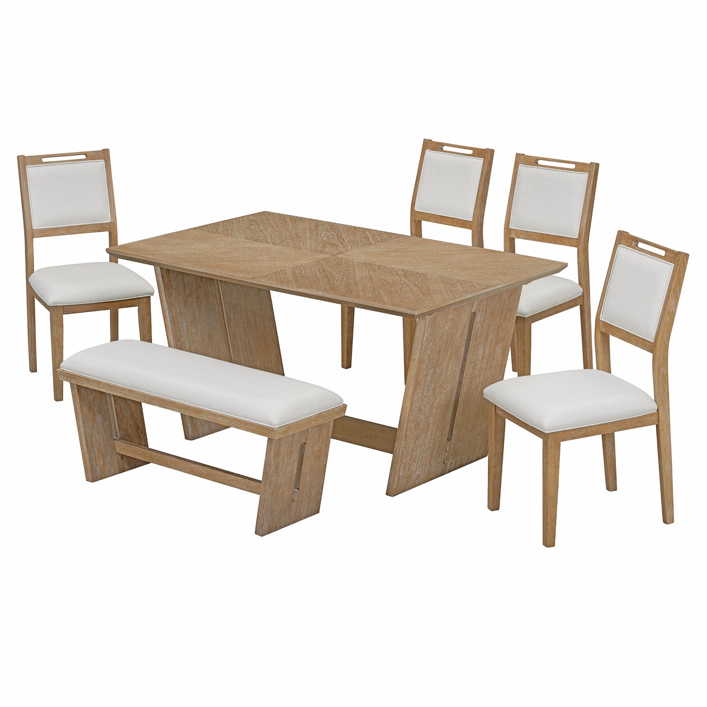 TREXM 6-Piece Modern Retro Dining Set, 1 Rectangular Table with Stable Trapezoidal Table Base and 4 Upholstered Chairs and 1 Bench for Dining Room and Kitchen (Natural Wood Wash)