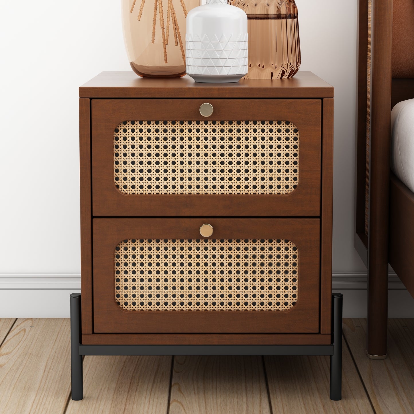 Yara Modern Cannage Rattan Wood Nightstand