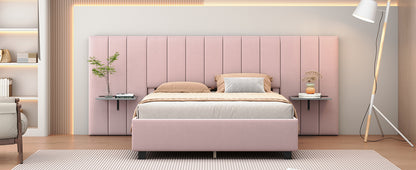 Queen Size Upholstered Platform Bed with Big Headboard, Bedroom Furniture, Velvet, Pink