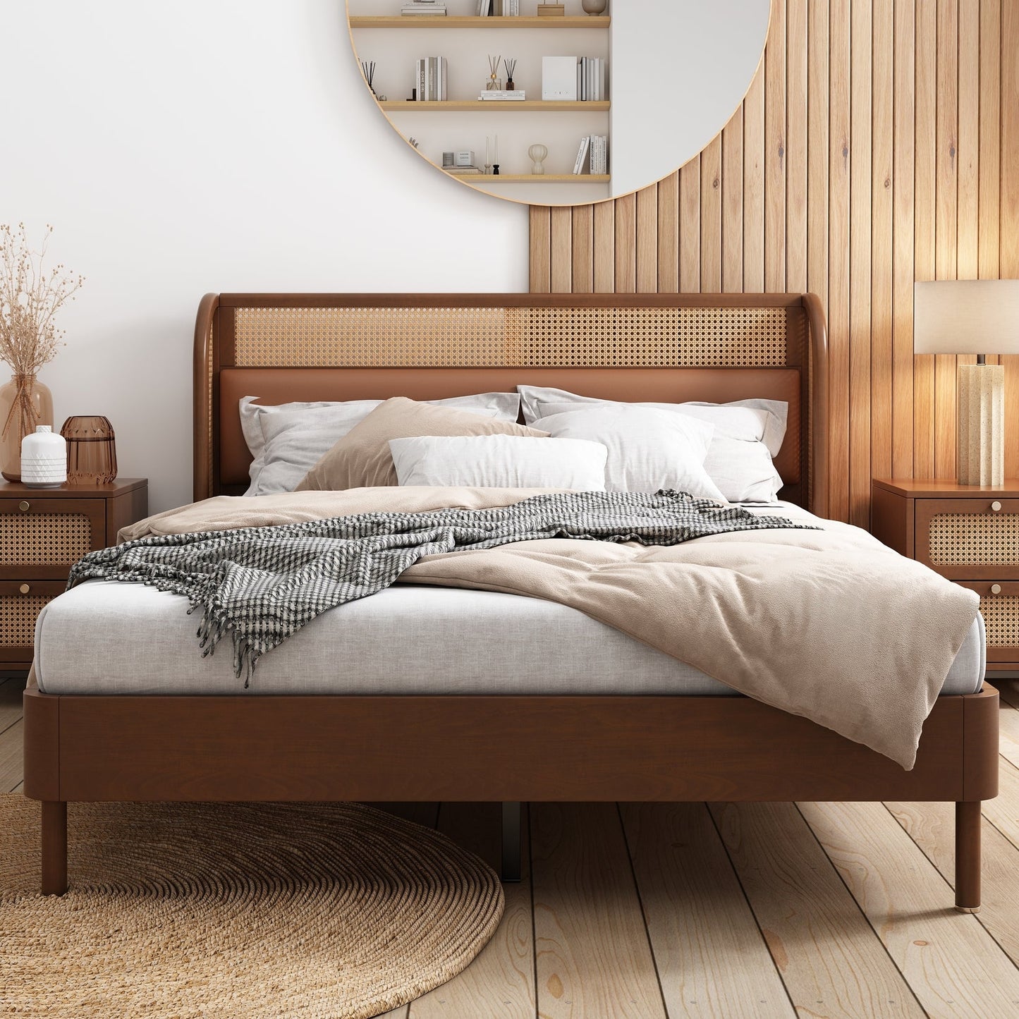 Yara Modern Cannage Rattan Wood Platform Queen Bed