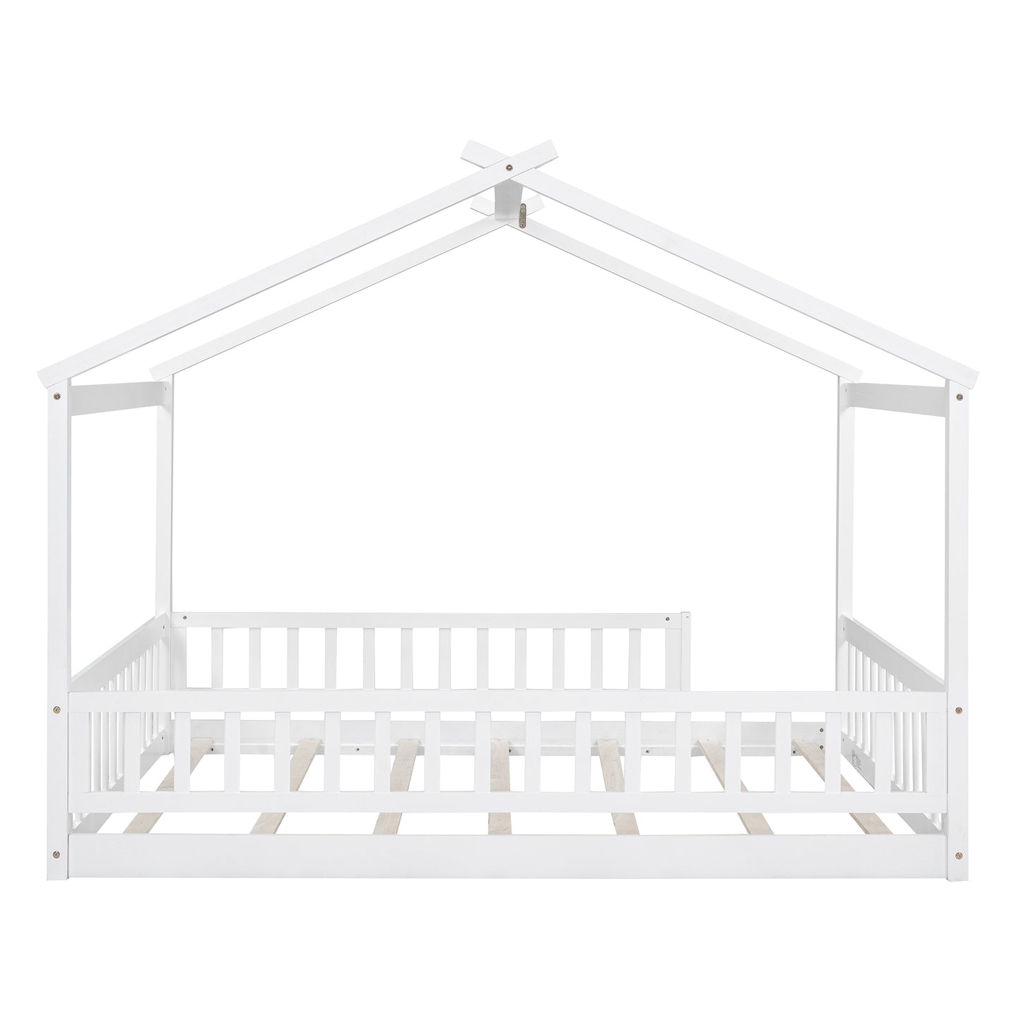 Full Size Wood Bed House Bed Frame with Fence, for Kids, Teens, Girls, Boys,White