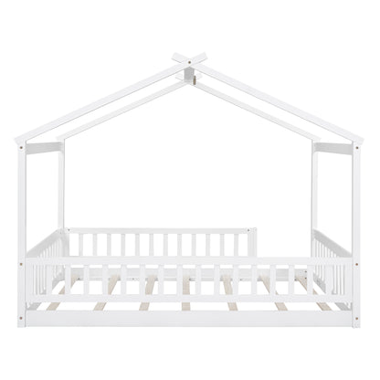 Full Size Wood Bed House Bed Frame with Fence, for Kids, Teens, Girls, Boys,White