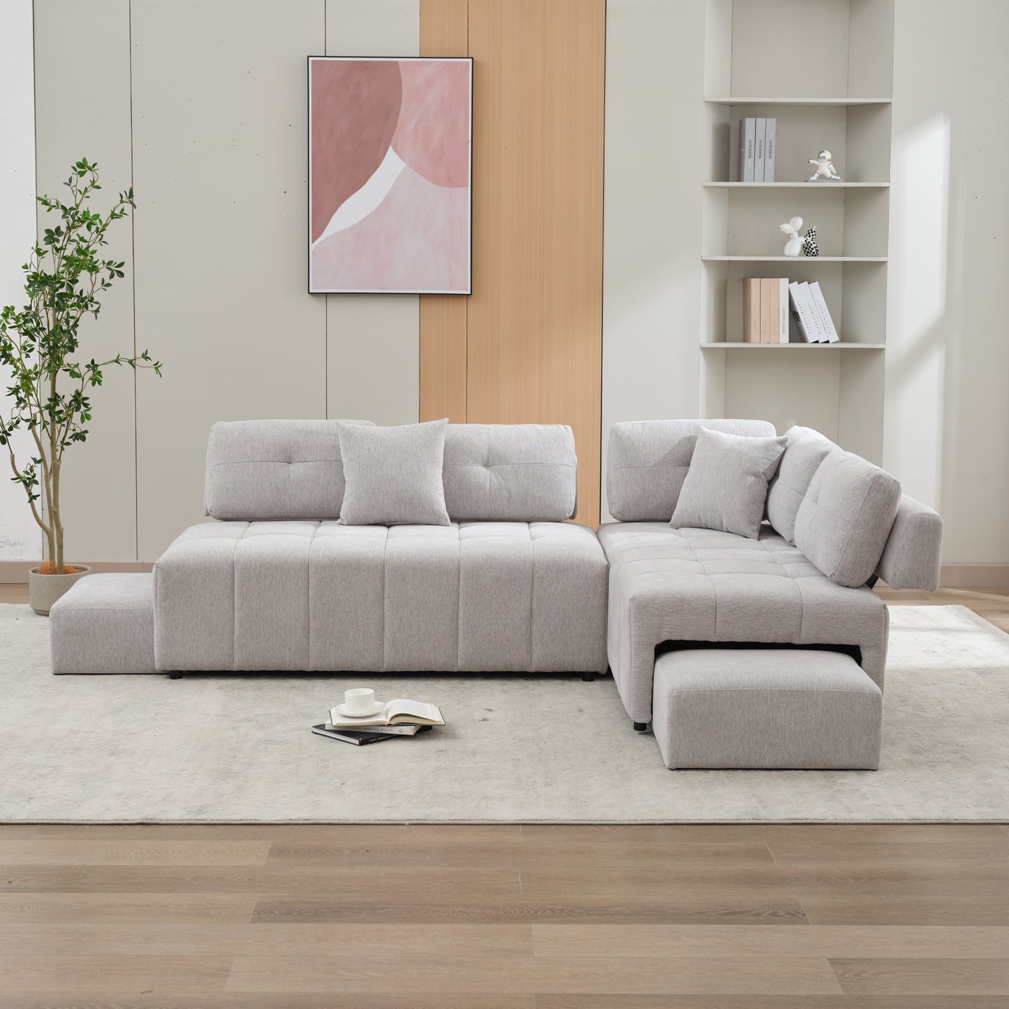 91.73" L-shaped Sofa Sectional Sofa Couch with 2 Stools and 2 Lumbar Pillows for Living Room, Light Grey