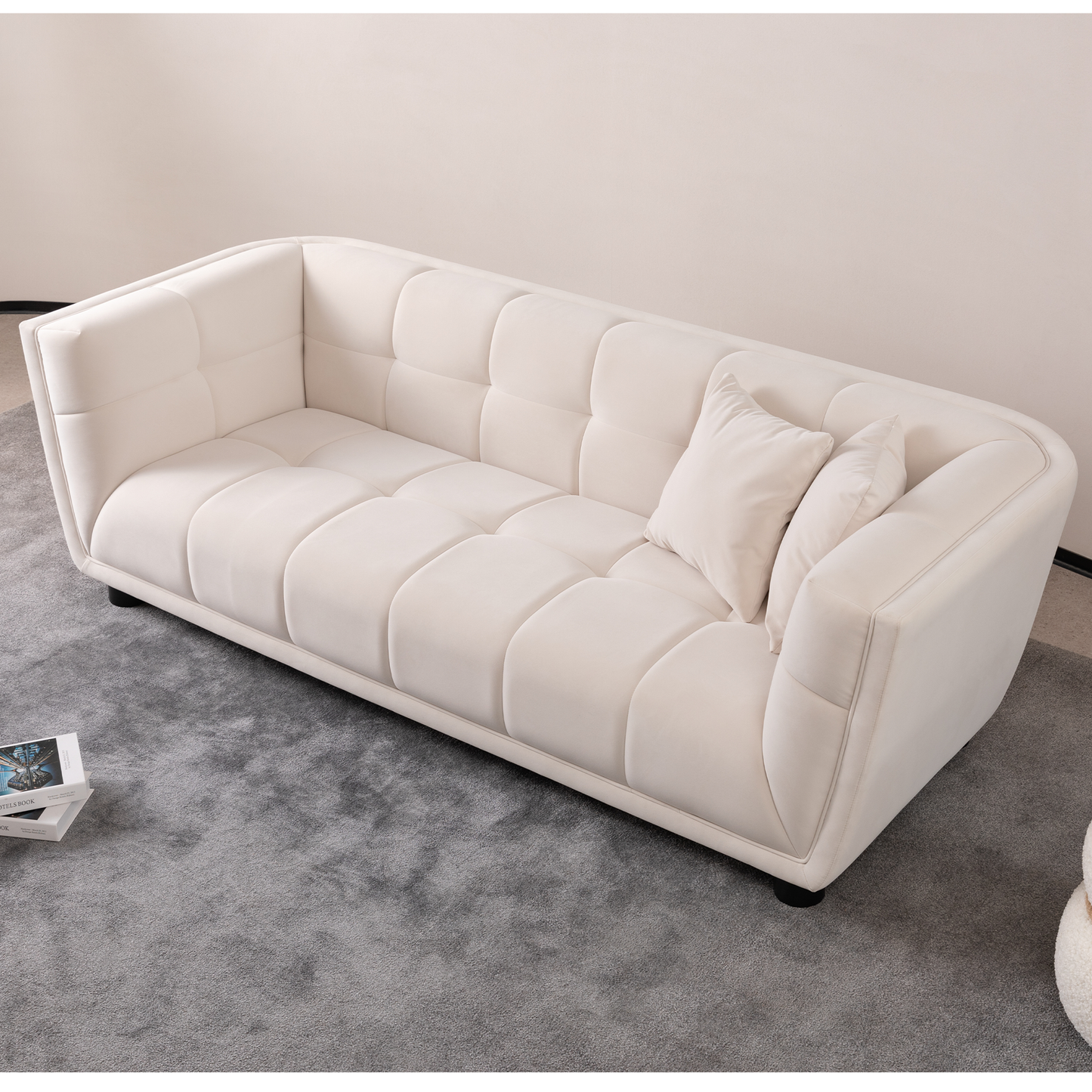 WKS13 Mid-century modern style: simple white sofa, small square design, velvet fabric texture smooth, retro fashion, solid wood feet, 2 people design