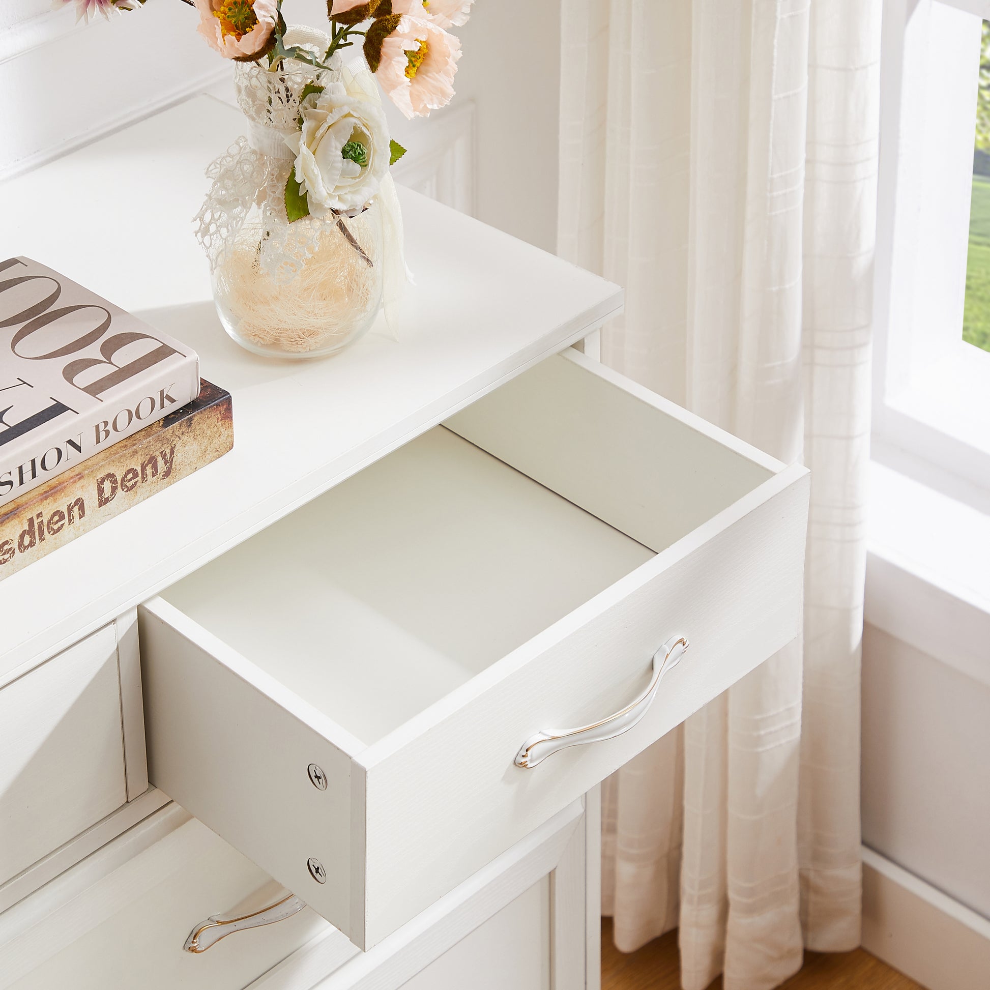 Bedroom dresser, 9 drawer long dresser with antique handles, wood chest of drawers for kids room, living room, entry and hallway, White, 47.56''W x 15.75''D x 34.45''H.