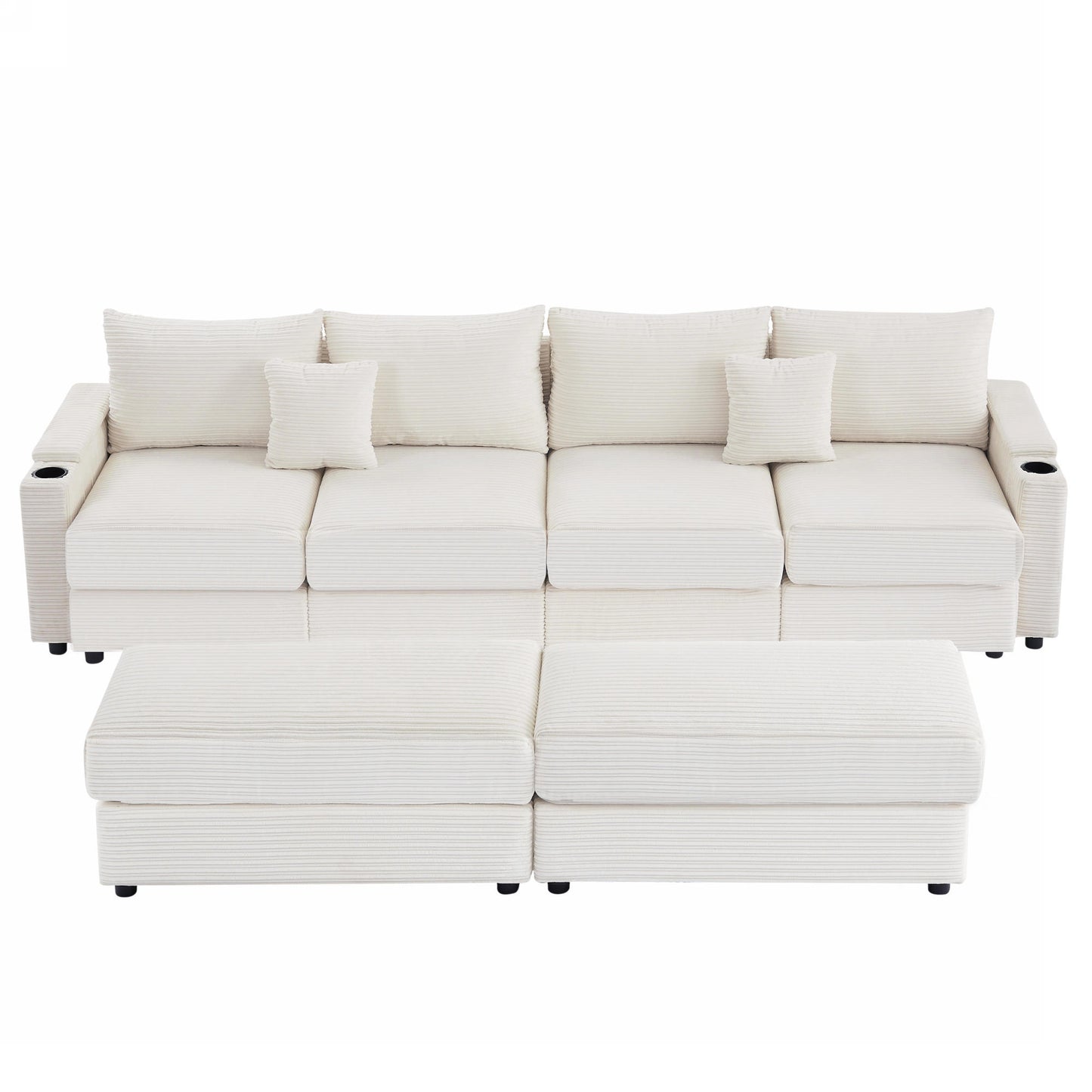 123.2" Modern Style 4-seater Sofa Sectional Sofa Couch with Storage Space, Two Movable Ottomans, Two USB Ports, Two Cup Holders, A Phone Holder for Living Room, Beige