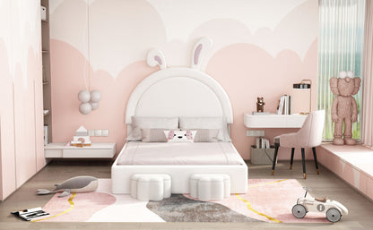 Full size Upholstered Rabbit-Shape Bed with 2 Storage Stools, Velvet Platform Bed with Cartoon Ears Shaped Headboard, White