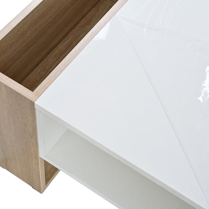 ON-TREND High Glossy Coffee Table with 2 Drawers, Practical Two Tone Center Table with Hidden Compartments, Rectangle Cocktail Table with Open Storage Shelf for Living Room, Bedroom, White, 41.3*23.6"