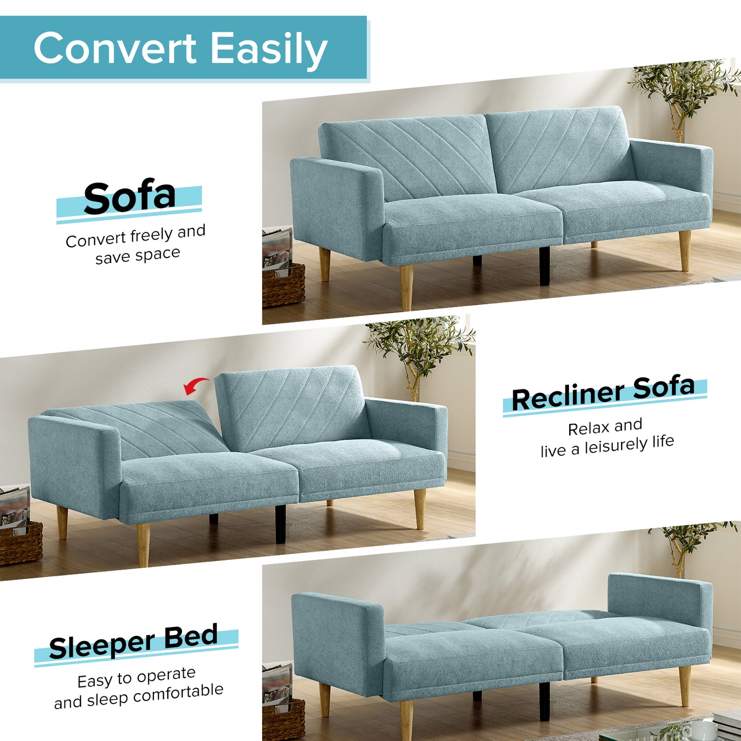 Multi-Functional Futon Sofa Bed :Tapered Wood Legs - Ideal for Small Living Rooms - Multi-Color Fabric Options - Easily Converts to Single Bed ,Blue