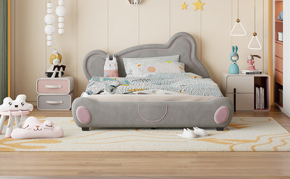 Queen Size Velvet Platform Bed with Bear-Shaped Headboard, with Drawers, with Bed-End Storage Pocket, Gray