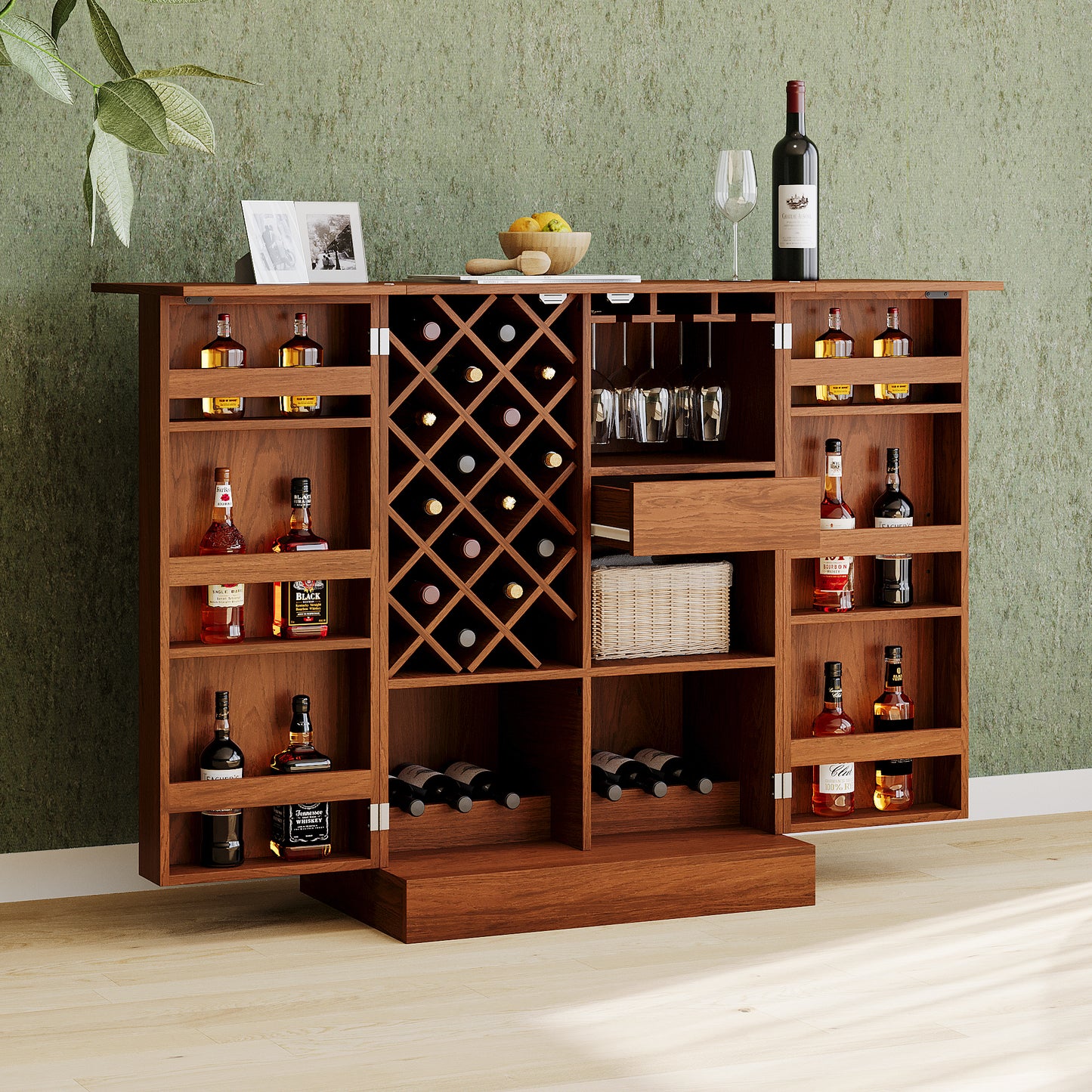 41.9" Home Bar Cabinet, Industrial Walnut Rattan Door Fold Out Bar Cabinet with Storage Bar Table