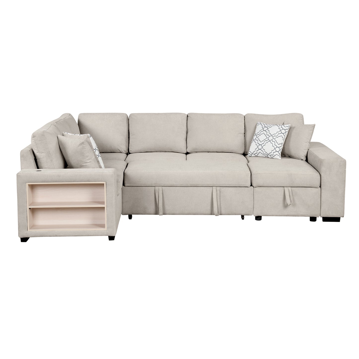 109" U-shaped Sectional Sofa Pull-out Sofa Bed with Two USB Ports, a Storage Chaise Lounge and Four Back Pillows for Living Room, Beige