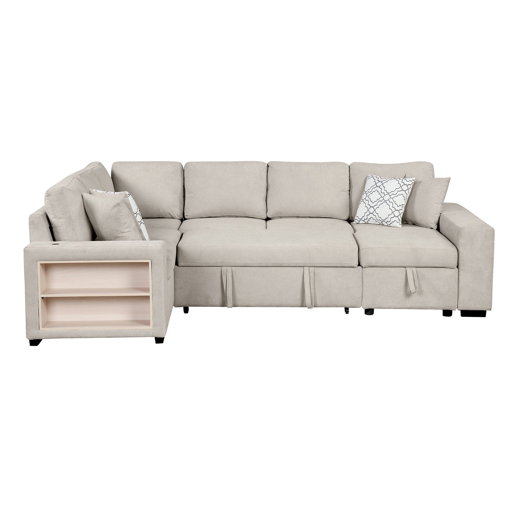 109" U-shaped Sectional Sofa Pull-out Sofa Bed with Two USB Ports, a Storage Chaise Lounge and Four Back Pillows for Living Room, Beige