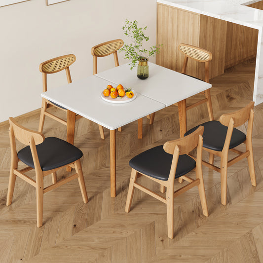 Table and chair set. White sintered stone tabletop, rubberwood legs, foldable computer desk, foldable desk. Solid wood dining chair with small curved backrest and PU cushions. ZD-1545 DX-2361