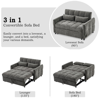 52.8" Loveseat Sofa Pull-out Sofa Bed Tufted Sleeper Sofa with an Adjustable Backrest, Three USB Ports and Two Lumbar Pillows for Living Room, Grey