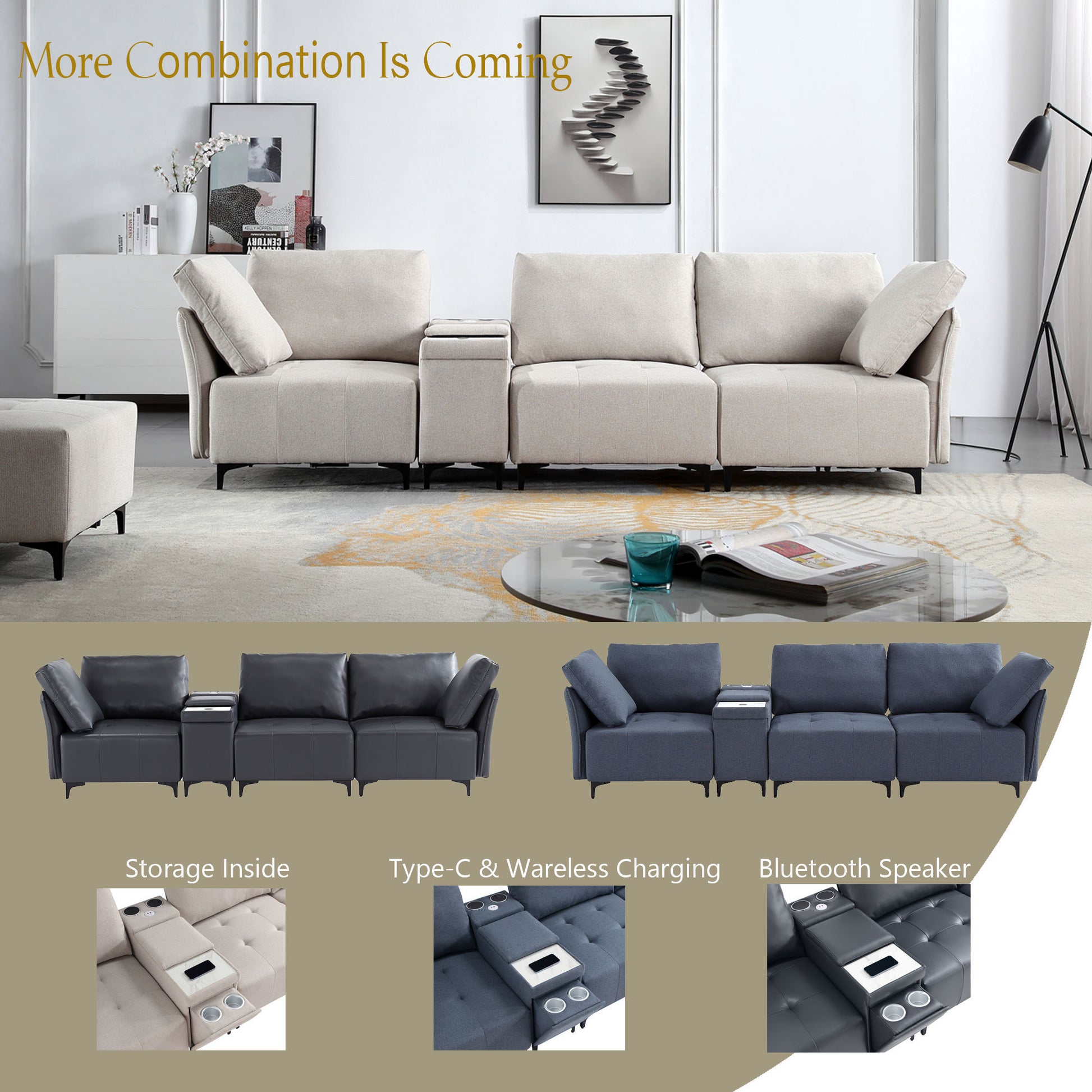 Modular Sectional Sofa,Multifunctional Couches for Living Room with Storage, mid console with speaker and storage,2 USB port and 1 type-C ,wireless charging ceramic top,aluminum cup holder.