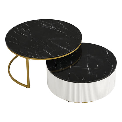 Modern Round Nesting Coffee Table Fluted with Drawer in Black & Gold in 31.5''