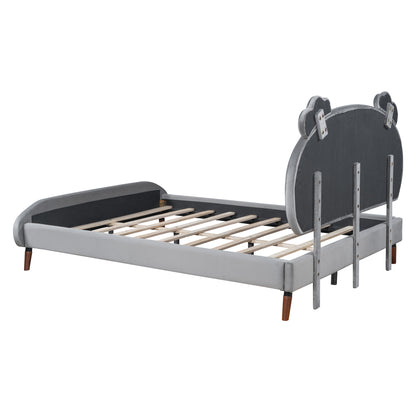 Full Size Upholstered Platform Bed with Koala-Shaped Headboard, Gray