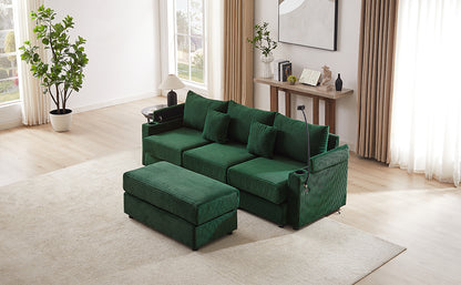 95.3" Modern Style 3-Seater Sofa Sectional Sofa Couch with Storage Space, A Movable Ottoman, Two USB Ports, Two Cup Holders, A Phone Holder for Living Room, Green