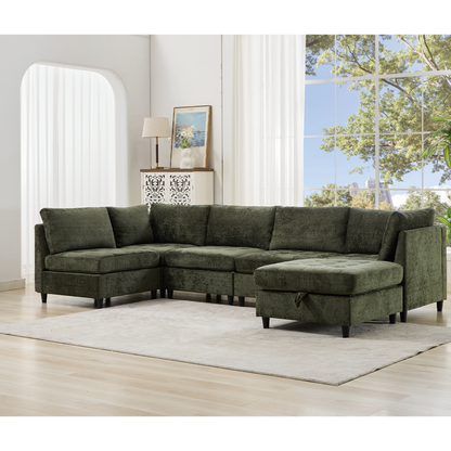 [NEW ARRIVED] [VIDEO PROVIDED]   Modular Sectional Couch with Storage Ottoman, U Shaped Sofa, Storage Ottoman,Minimalist ,Convertible Modular Sofa,Chenille ,Upholstered,6 Seat,Living Room,   Green