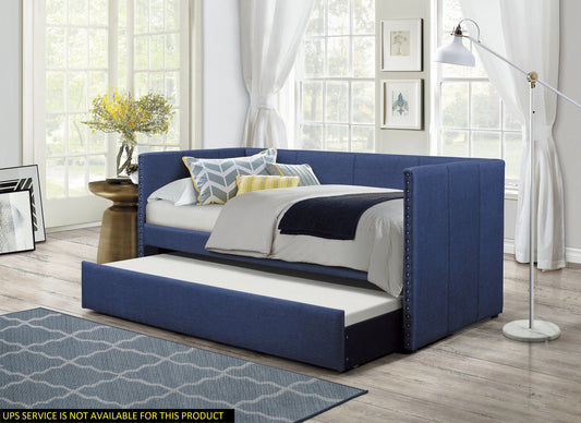 Blue Fabric Upholstered 1pc Day Bed with Pull-out Trundle Nailhead Trim Wood Frame Furniture