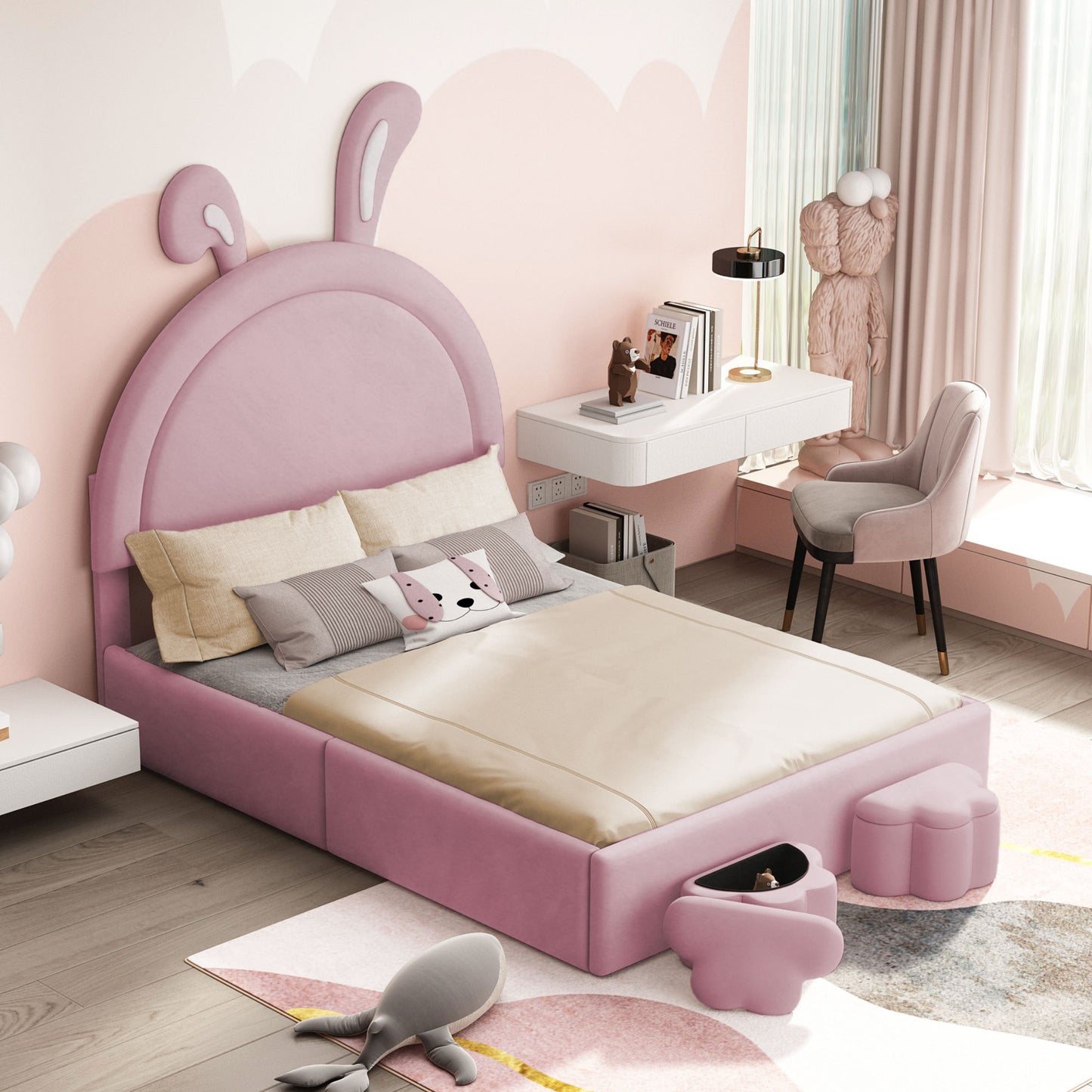 Full size Upholstered Rabbit-Shape Bed with 2 Storage Stools, Velvet Platform Bed with Cartoon Ears Shaped Headboard, Pink