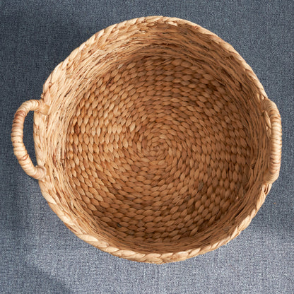 Round Water Hyacinth Seagrass Woven Basket with Handles - 15" x 15" x 15" - Natural Brown - For Clothes, Towels, Canvas, Toys and Magazine Storage and Home Decoration