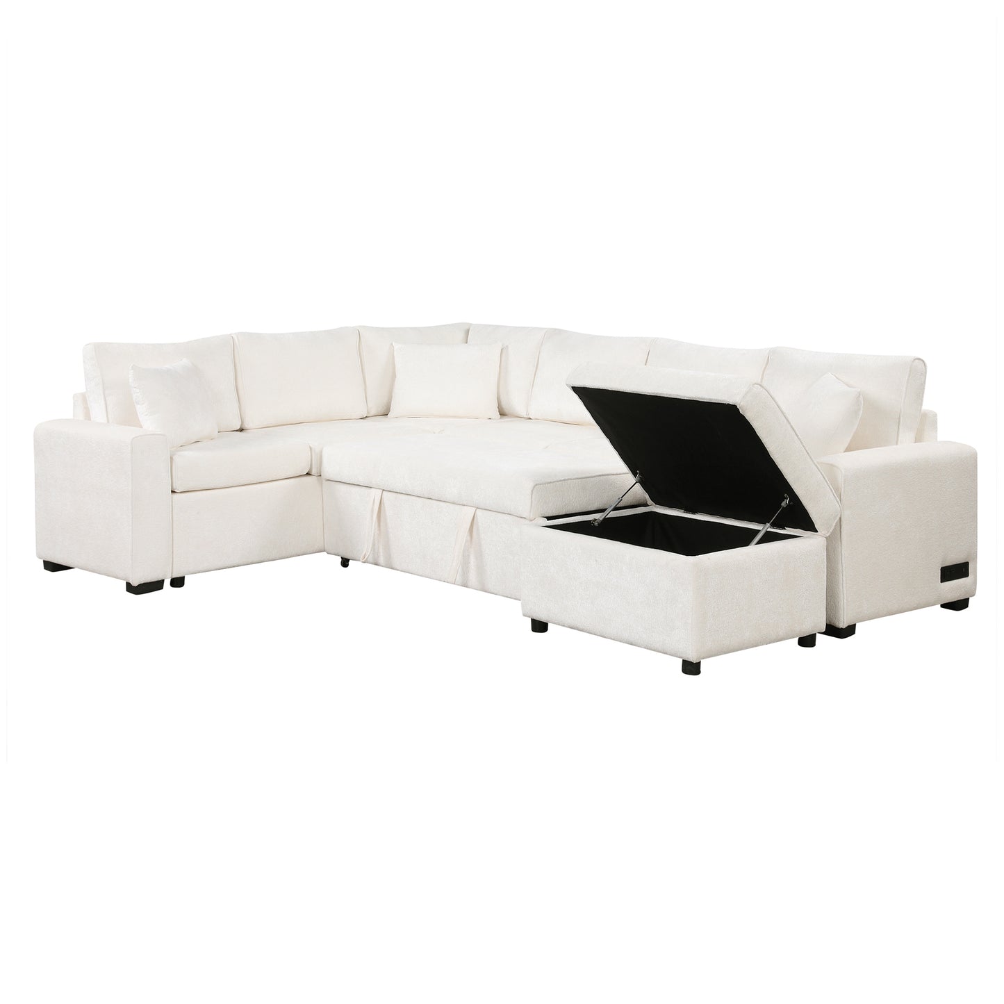 112.2" Sectional Sofa Pull-out Sofa Bed Sleeper with a Storage Ottoman,Three Pillows and Charging Devices for Living Room, Cream