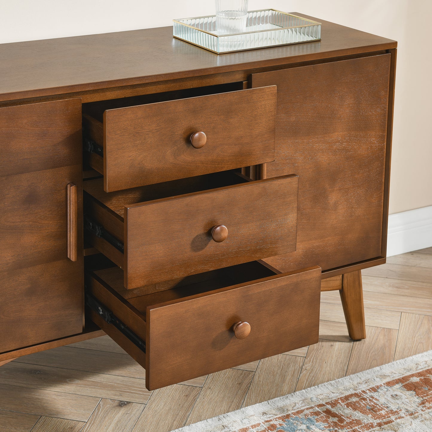 47.3" Mid Century Modern Sideboard Buffet Cabinet with Storage, Storage Cabinet with 2 Doors and 3 Drawers for Kitchen Dining Living Room Bedroom, Accent Console Table, Walnut