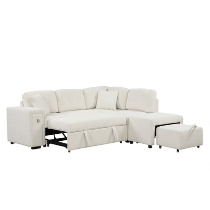 86.6" Sectional Sofa L-shaped Sofa Couch Pull-out Sofa Bed with a Movable Ottoman, Two USB Ports  and Two Cup Holders for Living Room, Beige