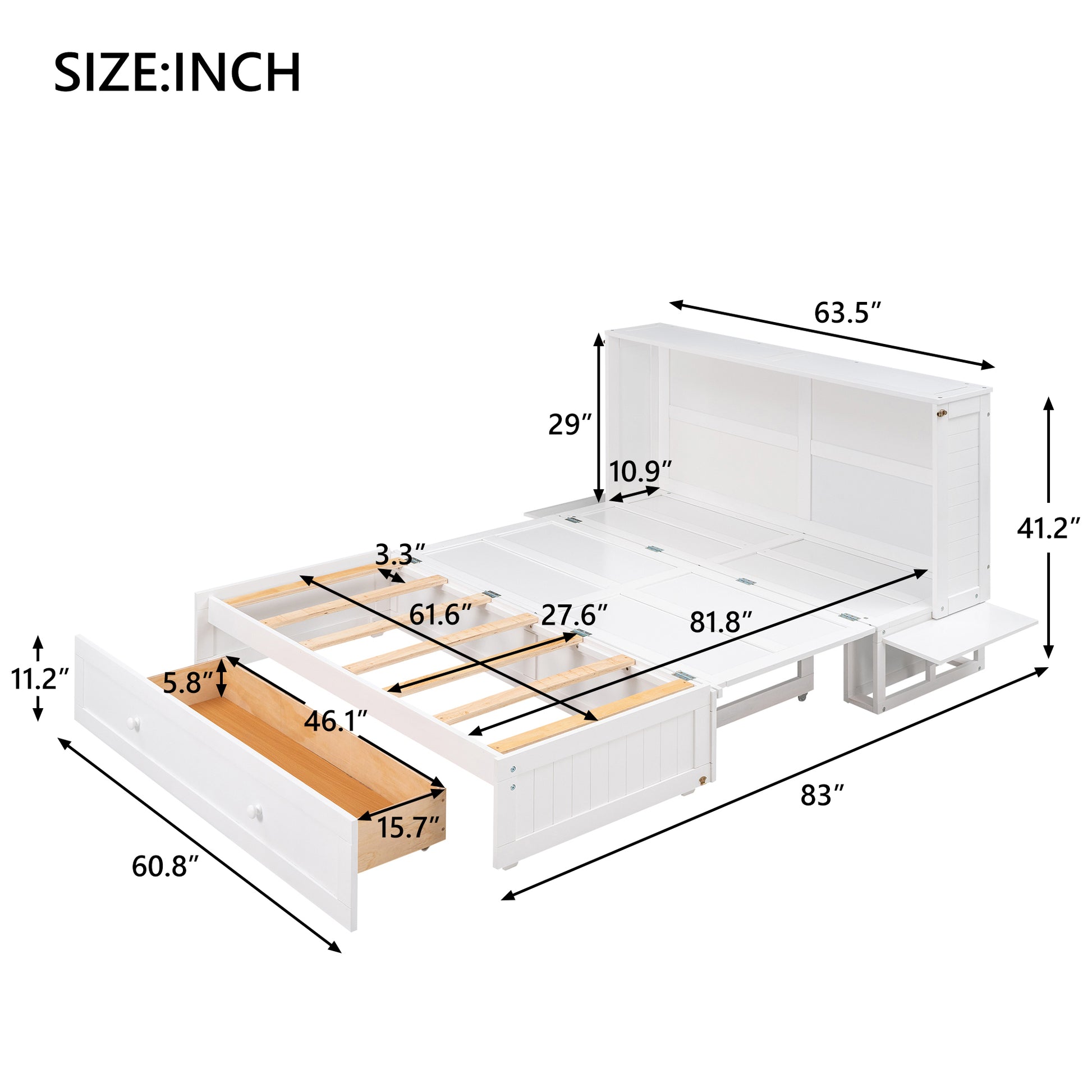 Queen Size Mobile Murphy Bed with Drawer and Little Shelves on Each Side,White