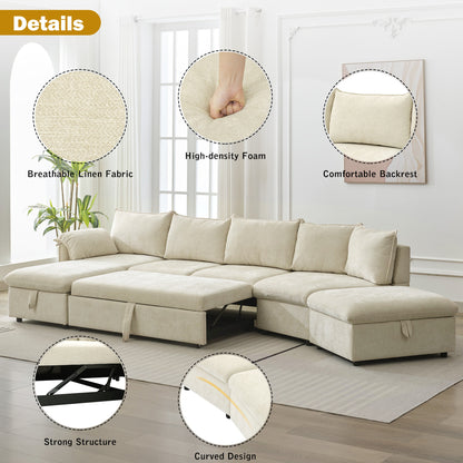 146.9" L-shaped Sofa Sectional Sofa Couch Pull-out Sofa Bed with a Movable Storage Ottoman, a Storage Chaise Lounge and Two USB Ports for Living Room, Beige