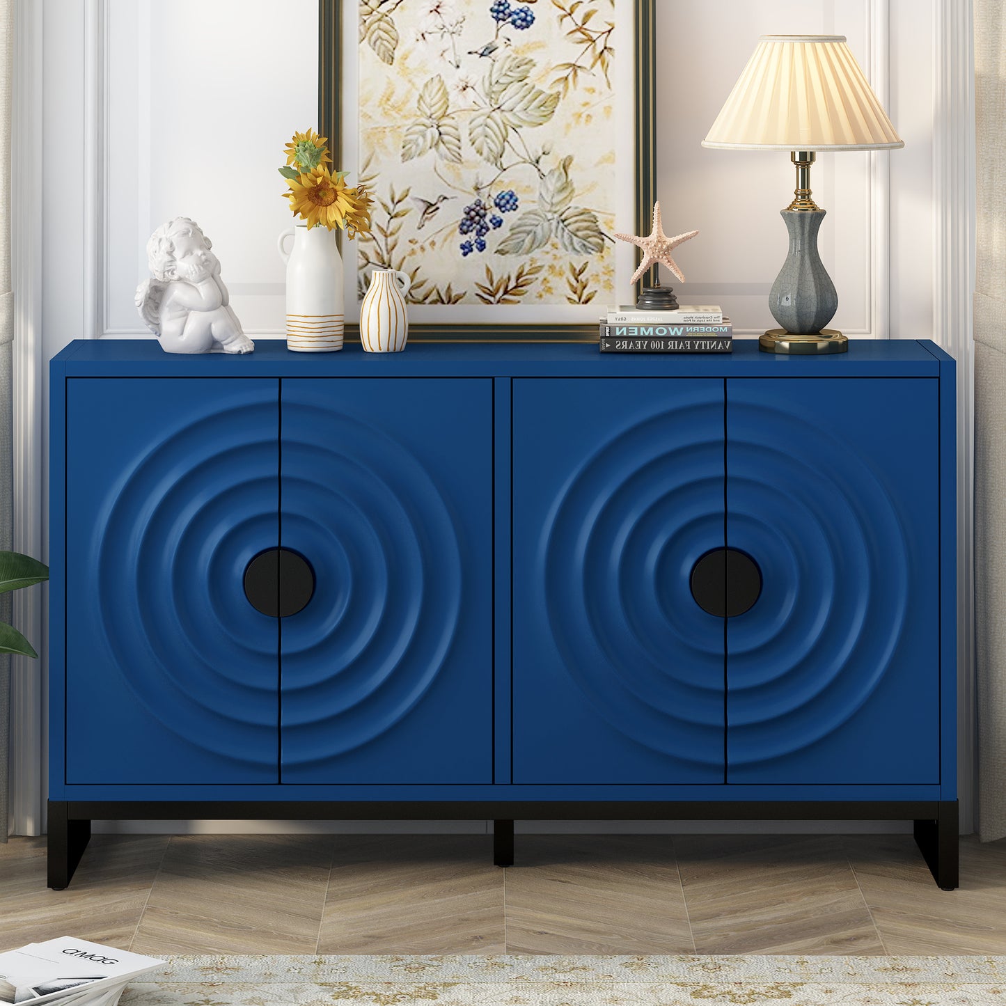 U-Style Storage Cabinet Sideboard Wooden Cabinet with Stunning Water Wave Door Design, Rubberwood Veneer and Adjustable Shelves,Suitable for Living Rooms, Entrance and Study Rooms