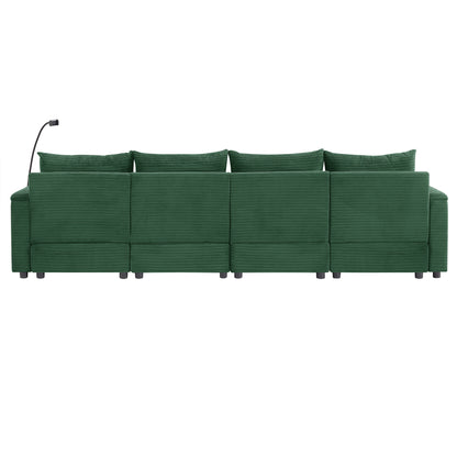 123.2" Modern Style 4-seater Sofa Sectional Sofa Couch with Storage Space, Two Movable Ottomans, Two USB Ports, Two Cup Holders, A Phone Holder for Living Room, Green