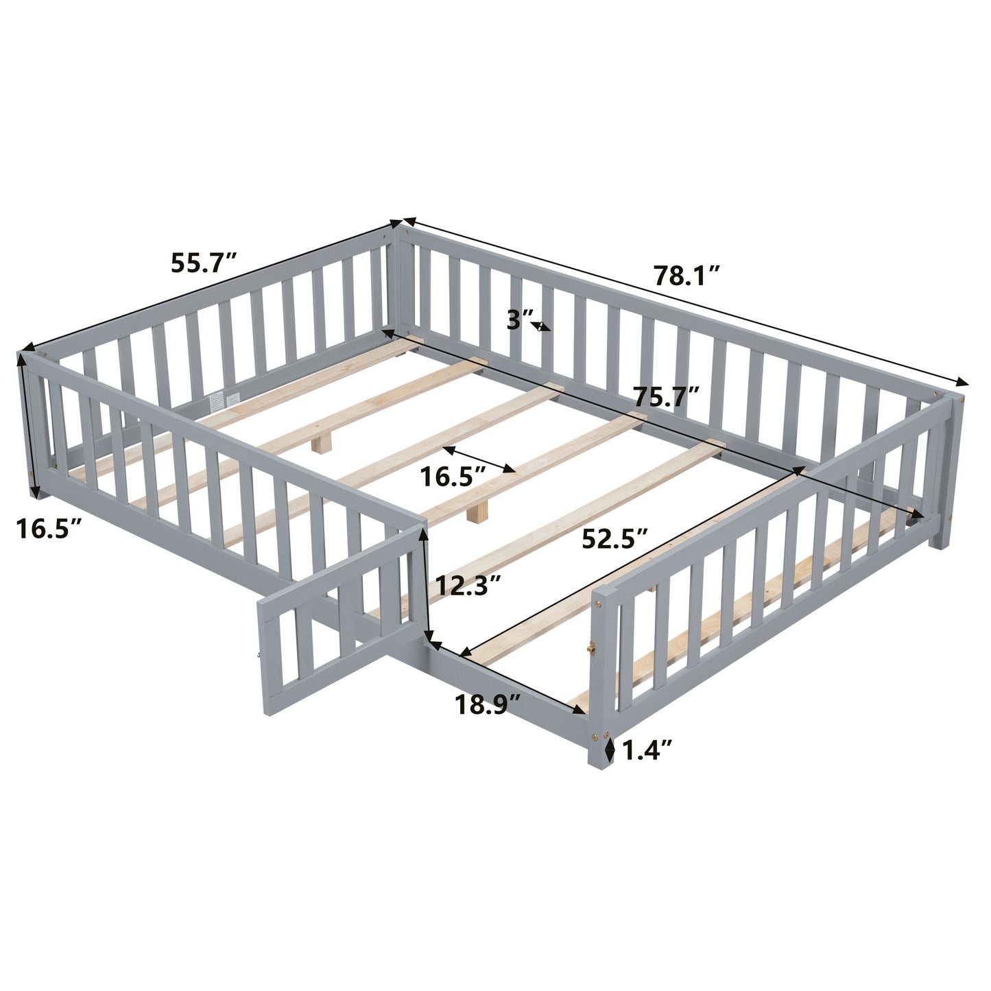 Full Size Floor Platform Bed with Fence and Door for Kids, Montessori Floor Bed Frame with Support Slats for Toddlers, Wooden Floor Bed Grey