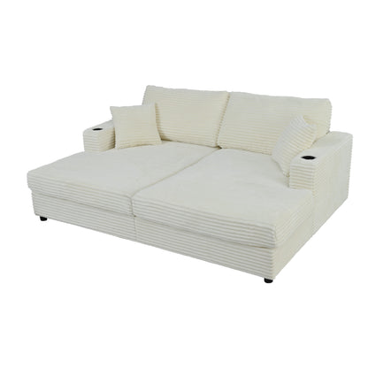 86.5" Oversized Loveseat Chaise Lounge Sectional Sofa Bed Corduroy Sleeper Sofa with Two USB Ports , Two Cup Holders and Two Throw Pillows for Living Room and Bedroom, Beige