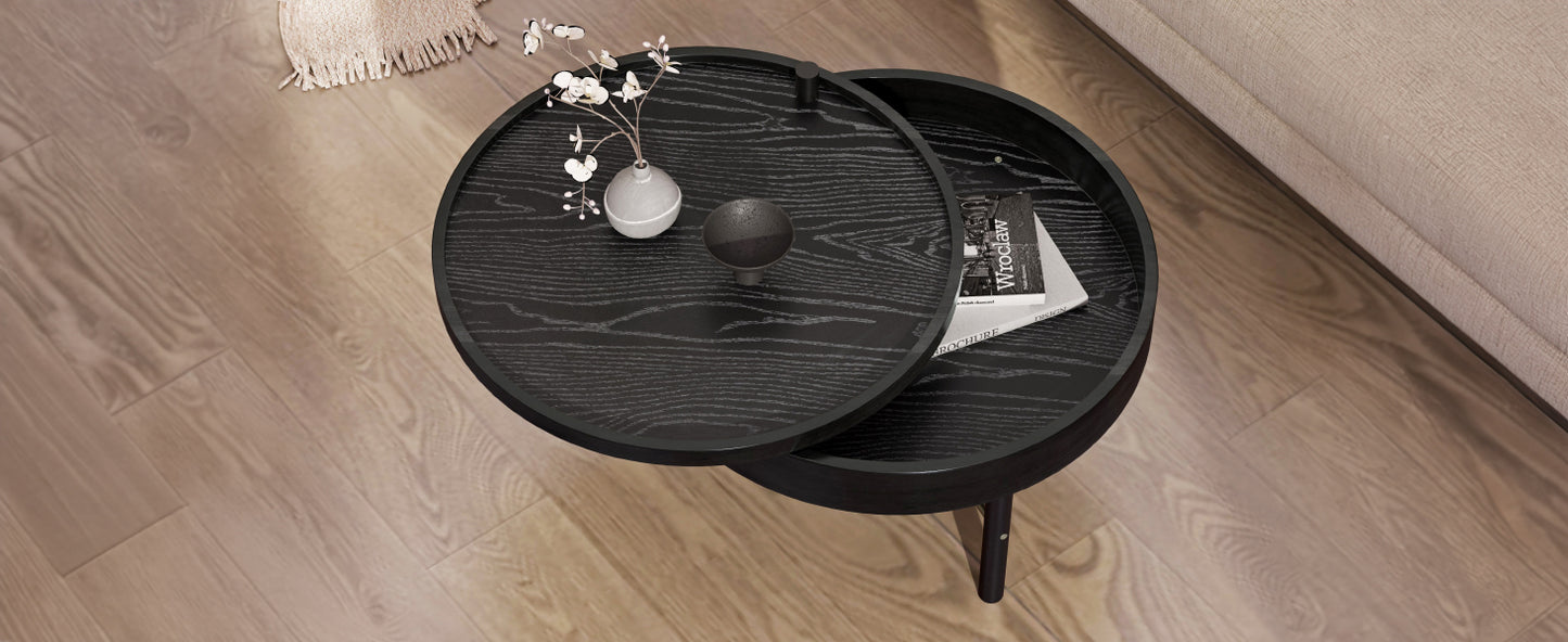 Modern Round Wood Rotating Tray Coffee Table with Storage & Metal Legs in Black