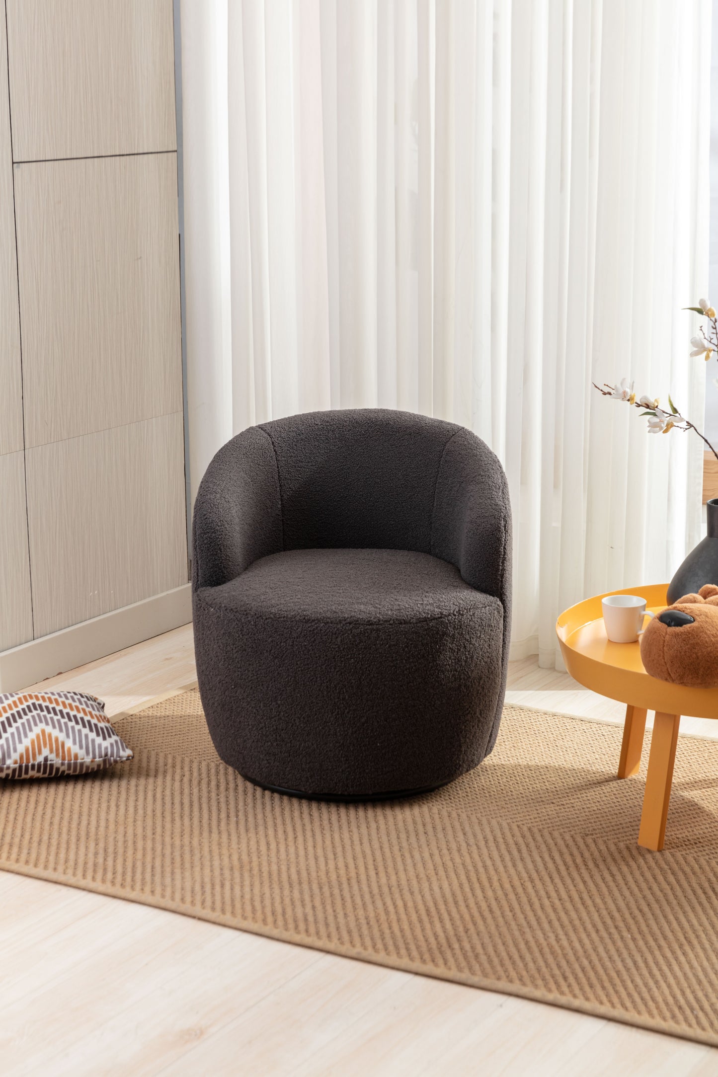 Teddy Fabric Swivel Accent Armchair Barrel Chair With Black Powder Coating Metal Ring,Dark Gray