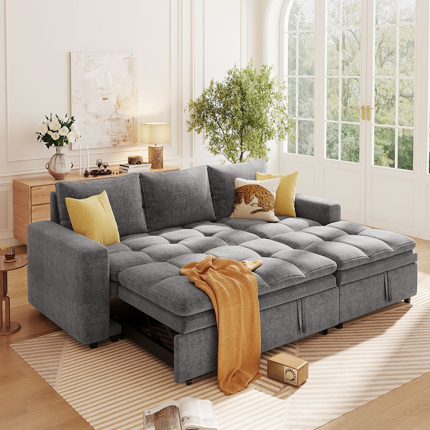 U_STYLE  Soft Upholstered Sectional Sofa Bed with Storage Space, Suitable for Living Rooms and Apartments.