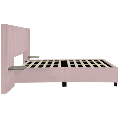 Queen Size Upholstered Platform Bed with Big Headboard, Bedroom Furniture, Velvet, Pink