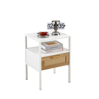 15.75" Rattan End table with Power Outlet  & USB Ports , Modern nightstand with drawer and metal legs, side table for living room, bedroom,white(1 PC)