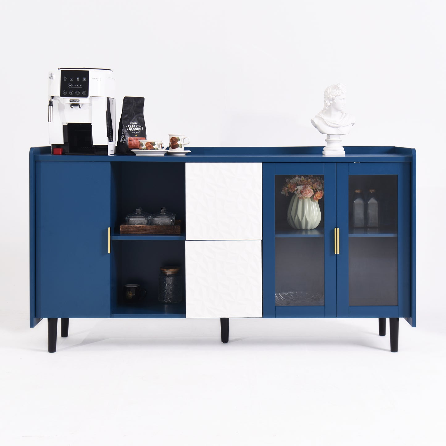 Modern Kitchen Pantry Storage Cabinet , 55" Coffee Bar Storage Cabinet with 2 Drawers, 2 Open Storage Compartment & 2 Glass Doors, Wood Buffet Table for Kitchen, Living Room, Blue