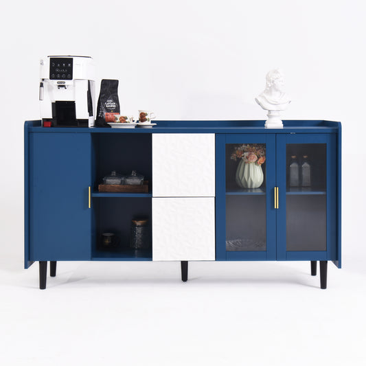 Modern Kitchen Pantry Storage Cabinet , 55" Coffee Bar Storage Cabinet with 2 Drawers, 2 Open Storage Compartment & 2 Glass Doors, Wood Buffet Table for Kitchen, Living Room, Blue