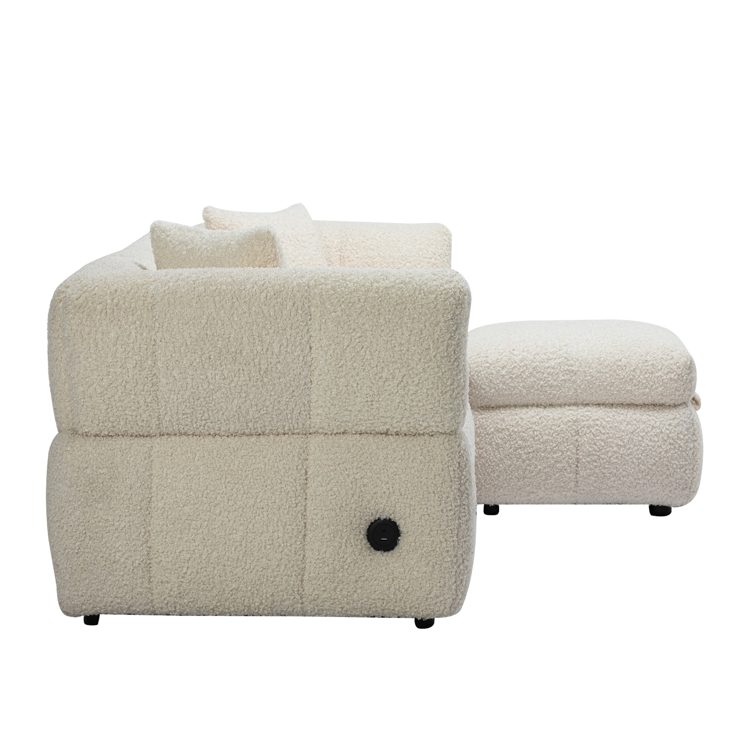 87.7" Sectional Sofa Cozy Teddy Fleece Fabric Sectional Sofa Couch with Two USB Ports a Movable Storage Ottoman and Two Lumbar Pillows for Living Room, Creamy White