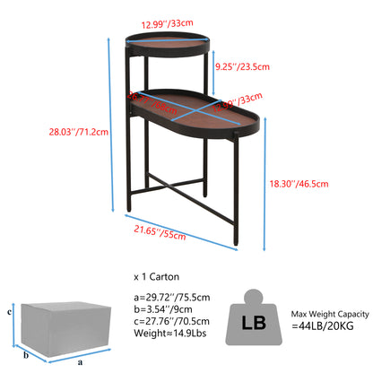 Modern 2-Tier Brown Side Table for Living Room Black Metal Frame with Wood & PU Tray End Tables for Sofa