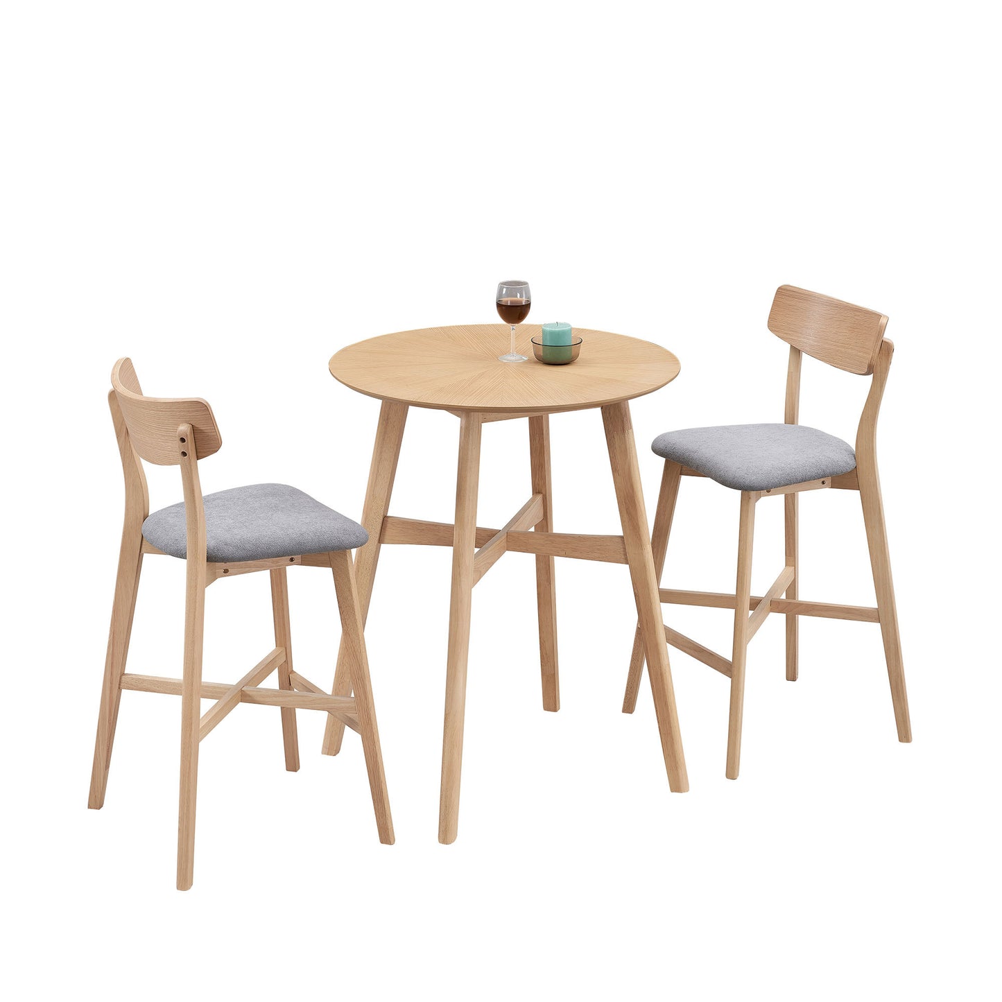 3 Pieces Bar Table Set,Modern Round Counter Height Pub Table, Wooden High Top with Bar Stools Pub Dining Set for Kitchen,Restaurant,Cocktail Bar,Oak