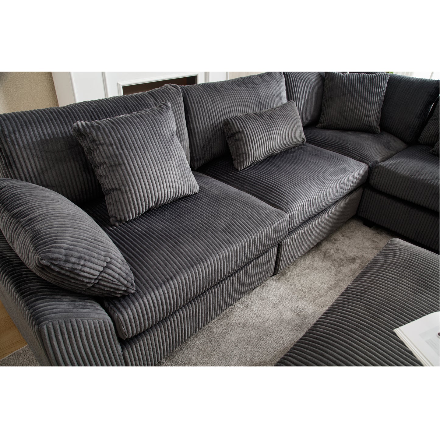 {NEW ARRIVAL} {VIDEO provided} Oversized Modular Sectional Sofa Couches Set,Corduroy Upholstered Deep Seat Comfy Sofa for Living Room,Dark Gray