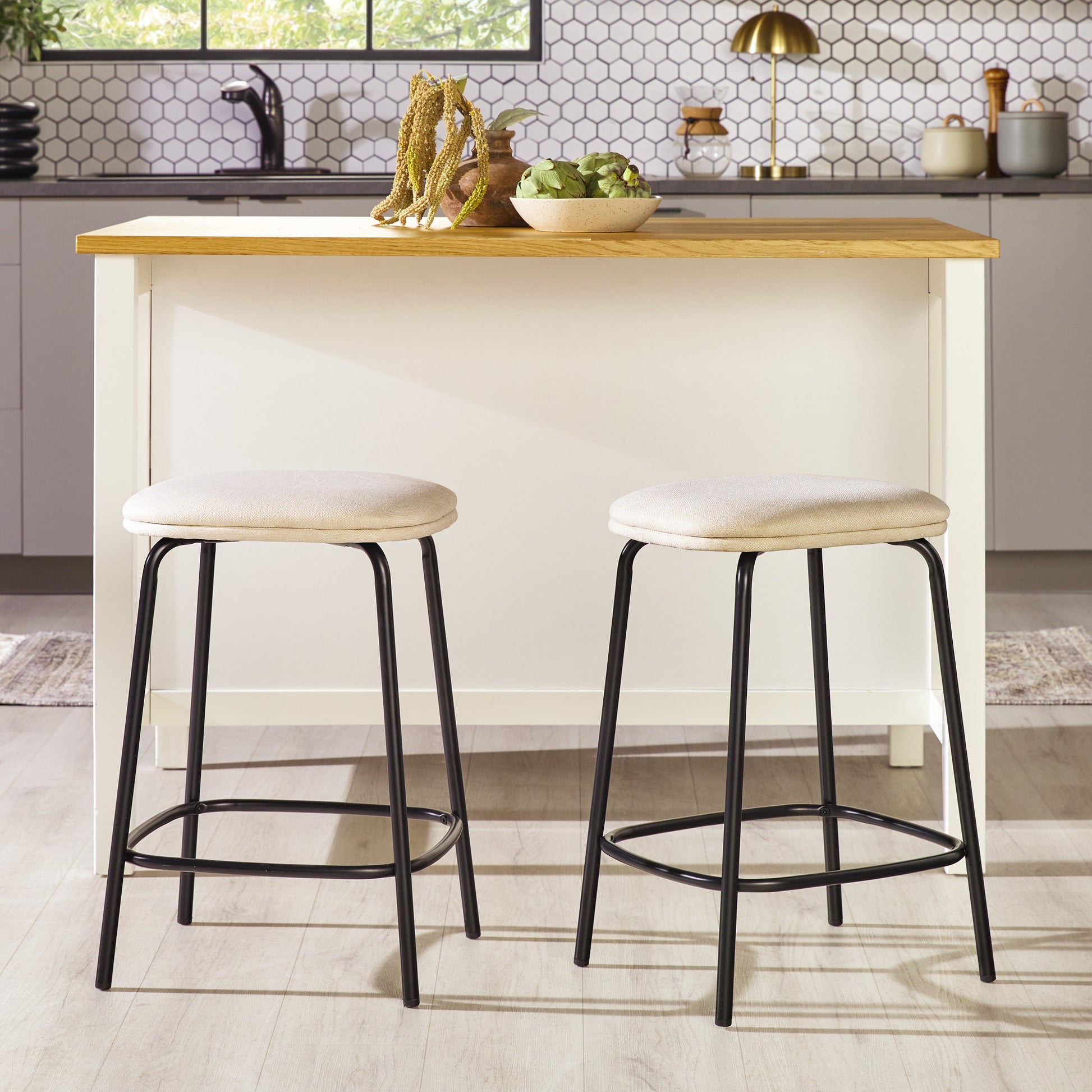 Modern Simple Counter Stool with Upholstered Seat, Set of 2, Ivory