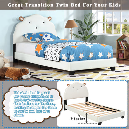 Upholstered Twin Size Platform Bed for Kids, with Slatted Bed Base, No Box Spring Needed, White color, Sheep Design